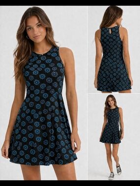 Y2K Black Floral Skater Dress Blue Daisy Print Size Small